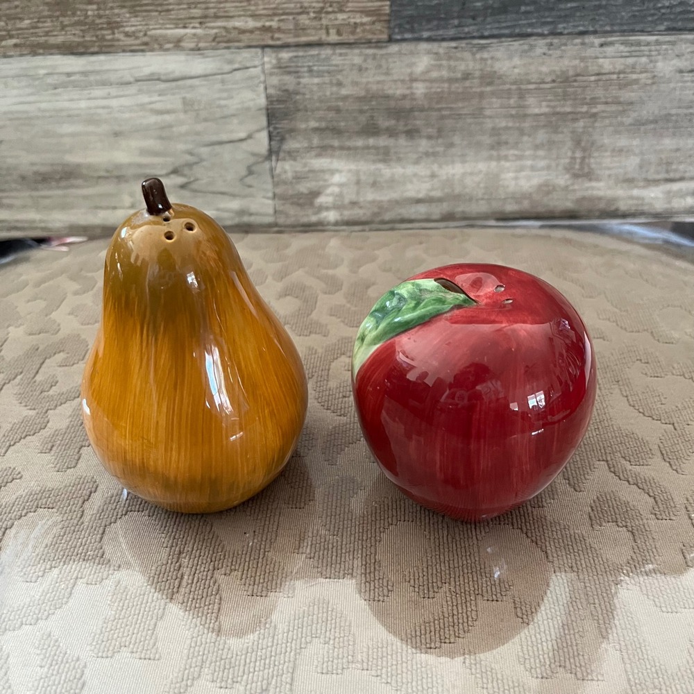 Cooks Club Red Apple and Pear Ceramic Salt and Pepper Shaker Set Fruit Decor